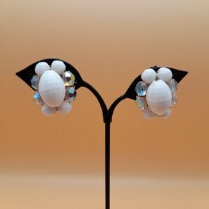 Vintage White Bead AB Crystal Clip Earrings, 1960s Jewelry
